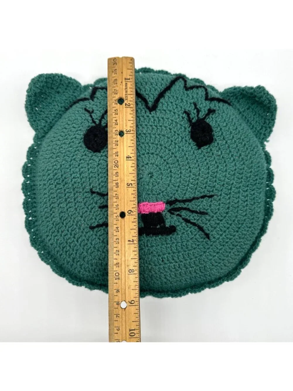 Vintage Cat Throw Pillow Crocheted Kitty Green Round Pink Nose Stuffed Handmade
